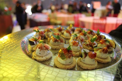 Restaurant Associates catered the awards, providing a menu that included passed hors d'oeuvres like bites of figs, goat cheese, and crispy pancetta (pictured), smoked salmon and caviar beggar's purses, and trays of sushi and sashimi.
