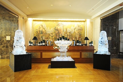 On the lobby level, two ice sculptures were shaped like imperial guardian lions, the hotel's mascot. Bottles of champagne topped the concierge desk.