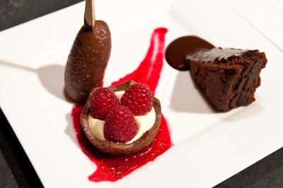 A La Carte Event Pavilion created a trio of chocolate desserts: frozen milk-chocolate-covered bananas, a warm brownie topped with bittersweet ganache, and a chocolate and raspberry tartlet.