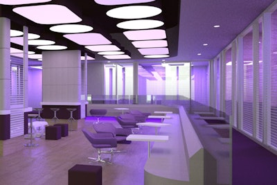 On the fourth floor of the newly opened Yotel New York is the Club Lounge, a space for informal meetings and entertaining. Glass-enclosed rooms dubbed Club Cabins fill the perimeter of this area and can be used for more private gatherings.
