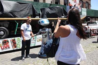 To build out the promotion on Thursday, Bacardi brought in popular 'likes' from its Facebook campaign. This included a robot called Sico, which spoke to and interacted with the crowd gathered at Gansevoort Plaza.