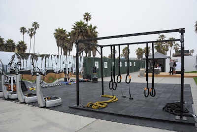 Fitness equipment was set up on the fenced Beverly Hills parking lot.
