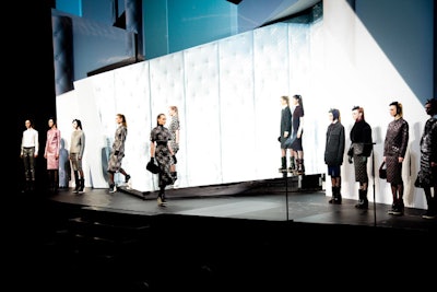 While the bulk of the award presentation used video mapping, the segment for Marc Jacobs's Lifetime Achievement Award was decidedly unique. Working with the fashion designer, Scott Pask engineered a three-piece, 22-foot-tall castered platform on a massive wagon wrapped in bleached white muslin. The center stage panel slid stage right to reveal 30 models clad in Jacobs's fall 2011 looks, all of whom then marched forward and onto the stage in a fashion-show-like procession.