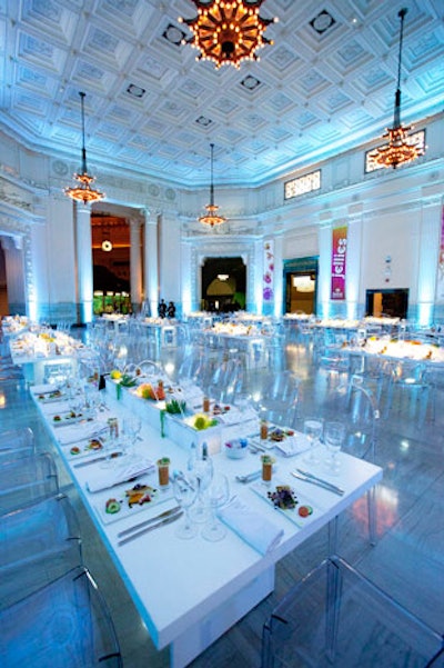 One of the dinner areas got a sleek, white look with Lucite chairs and long tables.