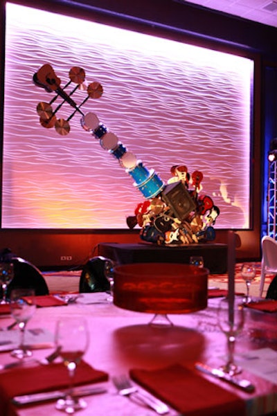 A sculpture made of guitars and percussion instruments anchored one end of the ballroom.