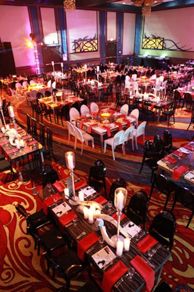 The tables in the ballroom were hand-painted in black and white.