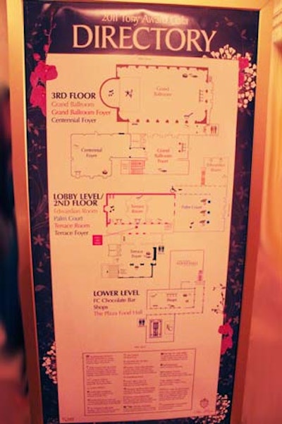 The gala's producers also placed large versions of the maps in key spots throughout the Plaza. The map was color-coded and came with a key that indicated activity areas like the dance floor in the grand ballroom and the Audemars Piguet-sponsored photo booth on the retail floor.