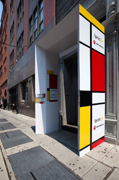 Graphics in the style of Piet Mondrian pervaded the event hosted by Sprint and Motorola, including a 12-foot-tall structure that framed Metropolitan Pavilion's entrance on West 18th Street.