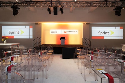 Transparent chairs formed the seating in the area facing the stage, where Sprint C.E.O. Dan Hesse and Motorola Mobility chairman and C.E.O. Sanjay Jha jointly announced a renewed partnership and new portfolio of Android devices.