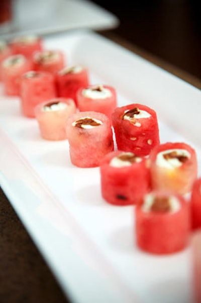 Goat cheese topped with balsamic vinegar was served in watermelon cups.