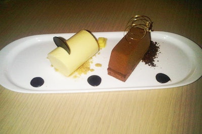 Dessert was a duo of chocolate crémeux and passionfruit mousse with tropical fruit chutney.