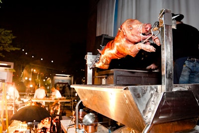 A pig, as well as an 800-pound bull, roasted on a spit outside.