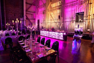 Dinner took place onstage, where PBD's decor was meant to contrast 'backstage rawness and opulence,' said Feigenson. Bluefin Productions handled lighting.
