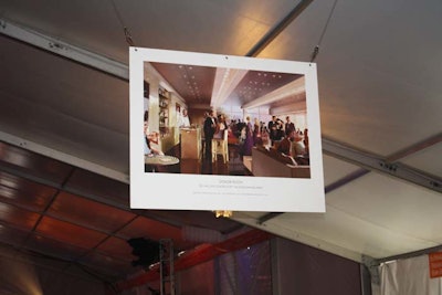 Posters depicting various spaces within the future performing arts center hung from the ceiling of the tent.