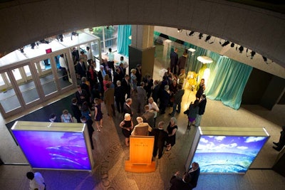 Two standing frames with video projections at the entrance to the dinner area began the process of atmosphere conversion from outdoors to the underwater world of the dinner.