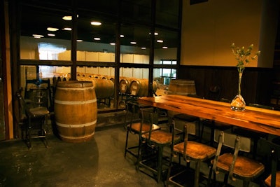 The Brooklyn Winery's parlor overlooks the area where the wine barrels are stored and can be used for small tastings, dinners, and presentations.