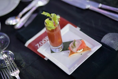 The dinner started with Bloody Mary gazpacho and salmon with farm chevre pizzette and dill.