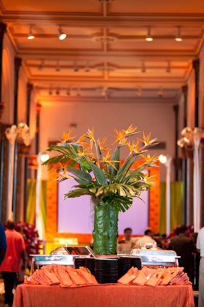 A centerpiece of birds of paradise topped the main buffet table.