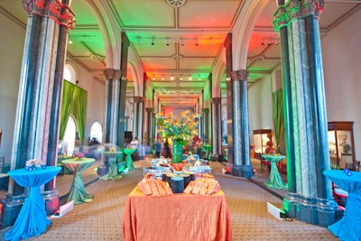 Highboys and small tables lined the two sides of the main hall, with the dinner buffet in the center and presentation at the far end.