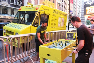 Brazilian cachaça brand Leblon supplied caipirinha cocktails, parked a branded truck outside the venue, and set up a foosball table.