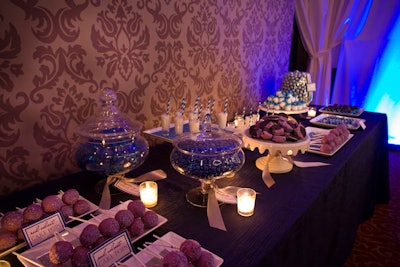 Chic Sweets created a dessert bar filled with candy and cakes in shades of pink, purple, and blue.
