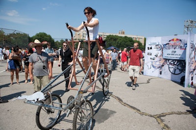 Many of the finalists allowed the public to try out their contraptions, while others demonstrated them using members of their team. As the design topic was 'energy in motion,' most created a vehicle, including local group ITP, which dubbed its elliptical-machine-like gadget the 'Gezeble.'