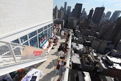 Following stints at the Cooper Square Hotel in 2009 and a Midtown West condo building last year, eyewear brand Carrera took over the penthouse at the Mondrian SoHo for the third iteration of its summer series. To mark the space, organizers placed signage throughout, including on the railings of the terrace.