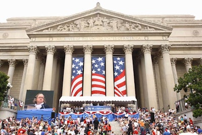 Capital Party Rentals set up a stage on the steps of the National Archives and Records building to host the Declaration reading.