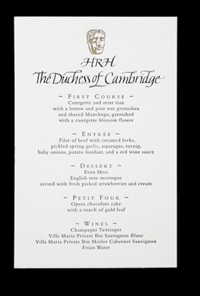 Menus were printed by letterpress onto natural fiber papers with an inlaid gold mask at the top.