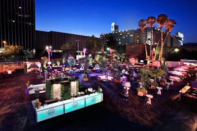 Precision Event Group covered the Hollywood Palladium's parking lot in black turf to create an outdoor living-room-like cocktail reception.