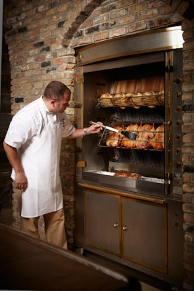 The venue houses an imported French rotisserie, and serves free-range organic chicken, baby suckling pig, and roasted prime rib.