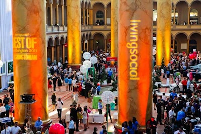 Gobos of sponsor LivingSocial's logo adorned the venue's numerous columns.