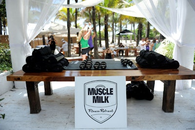 Fitness equipment was set up and distributed at the event's entrance.