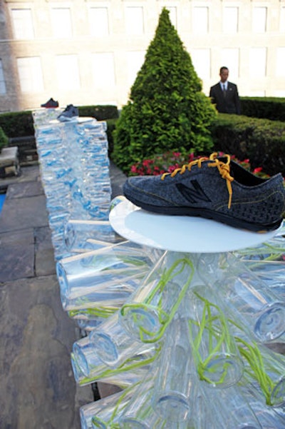 Displays of the shoes lined both sides of the pool.
