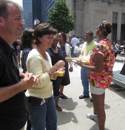 Servers carried trays and wore beach-party gear.