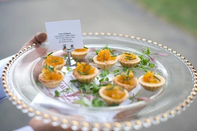 Passed hors d'oeuvres included caramelized onion and apricot tarts.
