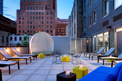The new Aloft property in Brooklyn has a number of places for drinks, including lobby bar known as wxyz and a terrace (pictured). In a couple weeks, the hotel will open a rooftop lounge.