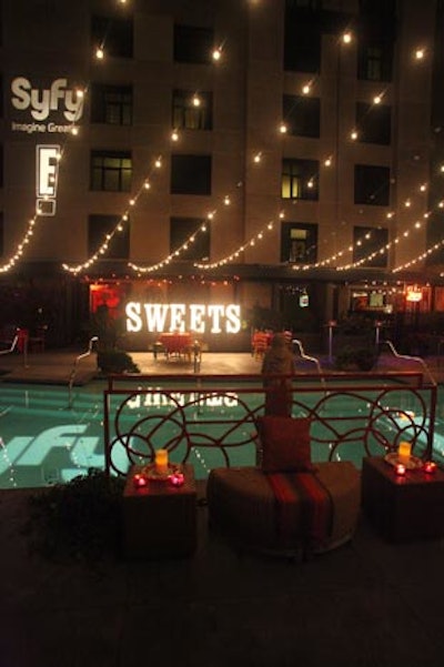 On the far side of the pool, away from the bulk of the party, Syfy set up a dessert room filled with several candy bars.