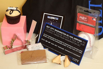 Gilt put together a gift bag of favorite Washington items like a branded Nationals baseball, a cookie cutter shaped like the Capitol, and chocolate-dipped fortune cookies with Gilt City fortunes inside.