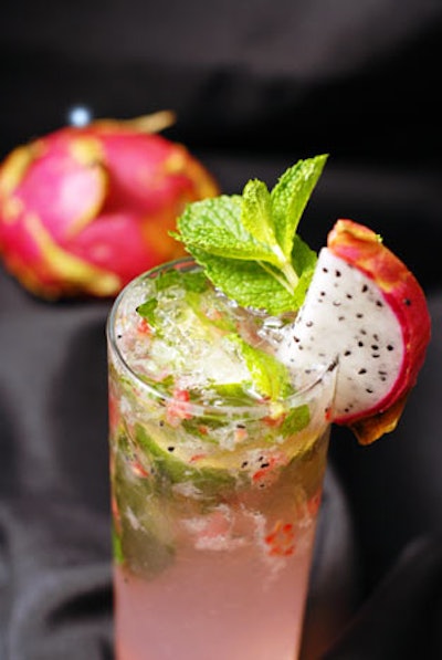 Puff 'n Stuff Catering added a dragon berry mojito to its bar menu. The cocktail starts with either Bacardi Dragon Berry Rum or Skyy Dragon Fruit Vodka, blended with crushed raspberries, dragon fruit, lime, and mint, and garnished with a sliver of dragon fruit.