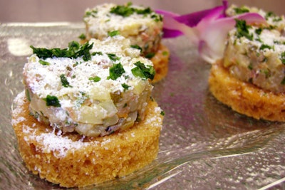 Toasted pumpkin bread serves as the base of the Peabody Orlando's new fall root vegetable crostini. The topping is diced and caramelized parsnips, carrots, celeriac, and sweet potatoes, mixed with tomatoes, goat cheese, thyme, cloves, and cinnamon.