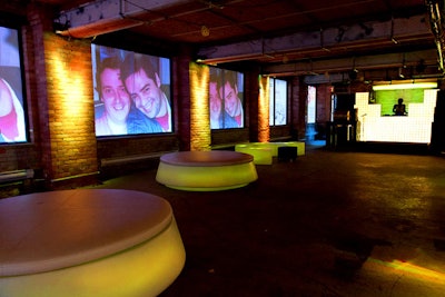 Candice&Alison outfitted the vacant Quality Knitting Building with glowing furniture and tiles at the DJ booth. Westbury installed a high-tech AV display.
