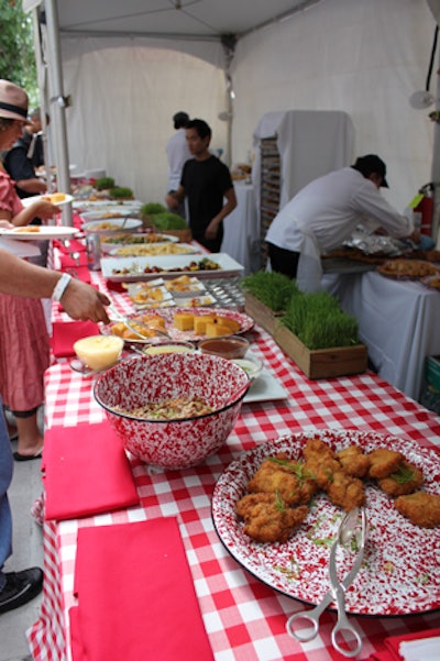 Danny Meyer's catering outfit Union Square Events supplied the spread of grub in New York, which included house-made pickles with coriander and dill, Southern-fried chicken with smoked chipotle ketchup, cornbread, and green bean casserole.