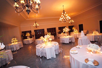 The Bath Club's renovated ballroom has dramatic chandeliers, seating for 300, and room for a 500-person reception.