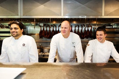 Victor Albisu (left) from B.L.T. Steak and Adam Sobel from Bourbon Steak (right) prepared dishes for the dinner alongside Drewno.