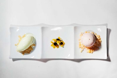 Between the fifth and sixth courses, guests dined on a pastry amuse of lemon opal basil- and cucumber mint vodka-flavored sorbets from Dolcezza.