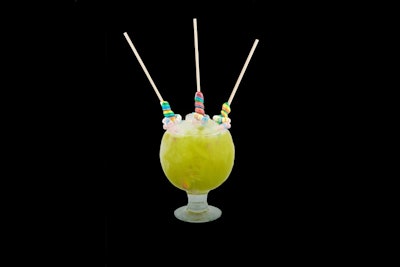A garnish of candy punches up a cocktail, making it sweeter, more colorful, and overall more Vegas. The Sugar Factory’s Lollipop Passion is served in a signature goblet. It’s blended with a mix of melon, coconut, and pineapple. For a splashy look, the drink is garnished with a lollipop. The cocktail can be replicated for off-site events, as can a list of candy-themed cocktails that would work as an accompaniment or alternative to a candy buffet.