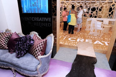Event Creative's booth had two sides, dubbed 'Raw' and 'Refined.' Each area showcased the production house's new capabilities, which include creating custom furniture and using a machine to etch logos into flooring or furniture.