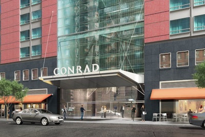 Slated to open later this year, the Conrad New York will sit west of the World Trade Center site and just one block north of the World Financial Center. The property will offer 463 rooms and 13 spaces for meetings and events.