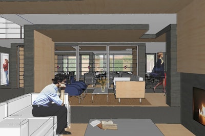 The Avenue Suites renovated lobby will have all new pod-style furnishings and two nearby meeting spaces.